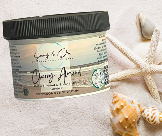 Our Cherry Almond Moisturizing Natural Body Lotion is the perfect solution to dry skin. Enriched with Shea Butter, Aloe Vera and Vitamin E, it offers hydration and nourishment while resulting in a soft and silky feel. Its signature scent of cherries and almond creates a cozy atmosphere. 