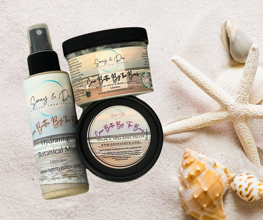 Introducing our Cocoa Butter By The Beach 3 Piece Body Set with Exfoliation Scrub, a luxurious ensemble crafted to whisk you away to a tropical paradise with every use. Immerse yourself in the indulgent blend of sweet cocoa butter and coconut, complemented by elegant undertones of cedarwood, jasmine, and rich vanilla.