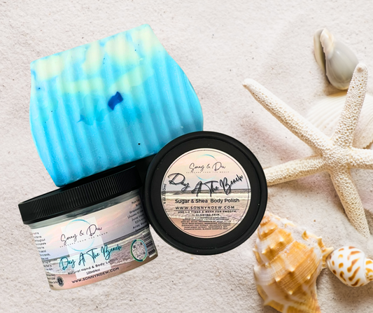 Immerse yourself in the rejuvenating spirit of a beach getaway with our Day At The Beach 3 Piece Body Set. This luxurious ensemble includes an Exfoliation Scrub, Moisturizing Natural Body Lotion, and Handmade Natural Soap, each infused with the invigorating scent of jasmine and mandarin.