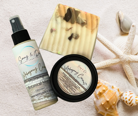 Immerse yourself in the luxurious indulgence of our Mahogany Coconut 3 Piece Body Set, meticulously crafted to envelop your senses in a tantalizing experience. This set features an Exfoliation Scrub, Moisturizing Natural Body Lotion, and Handmade Natural Soap, each infused with a rich and unique blend of island coconut and exotic mahogany wood.