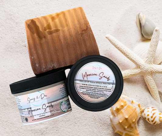Immerse yourself in the exotic allure of Moroccan Sands with our indulgent 3 Piece Body Set, complete with an Exfoliation Scrub and Soap. Infused with the captivating blend of classic carnation, warm sandalwood, and musky undertones, this set transports you to a realm of opulence and luxury.
