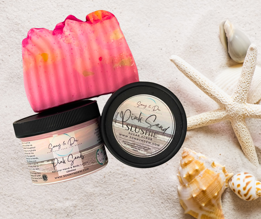 Immerse yourself in the blissful ambiance of Pink Sands with our indulgent 3 Piece Body Set, complete with an Exfoliation Scrub and Soap. Infused with the delightful essence of sweet cotton candy, accented by subtle notes of jasmine and musk, this set invites you to experience pure sensory delight.