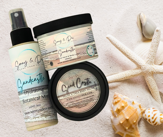 Immerse yourself in the comforting embrace of a tropical getaway with our Sandcastle 3 Piece Body Set, featuring an indulgent exfoliation scrub alongside our signature Moisturizing Natural Body Lotion and Hydrating Botanical Mist.</p> <p>Crafted with care, our Sandcastle collection captures the essence of paradise with its perfectly balanced blend of warm, rich vanilla and creamy, sweet coconut.