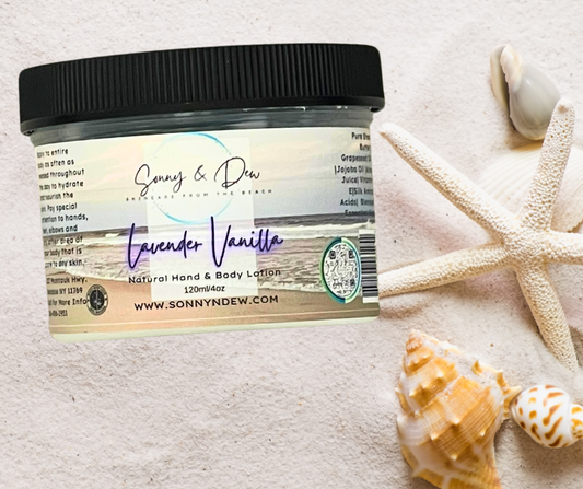 Moisturize and nourish your skin with our Lavender Vanilla Natural Body Lotion! Perfectly blended with natural Shea Butter, Aloe Vera and Vitamin E, this crave-worthy body butter hydrates and conditions your skin for a silky, smooth feel. Enjoy the calming combination of Spanish Lavender and Madagascar Vanilla for a peaceful and serene scent in skin that looks and feels beautiful.