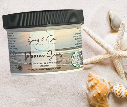Embark on a journey to the exotic with our Moroccan Sands Moisturizing Natural Body Lotion. This nourishing blend of Shea Butter, Aloe Vera, and Vitamin E is crafted to hydrate, condition, and soften your skin, providing the perfect solution for dry skin seeking replenishment.
